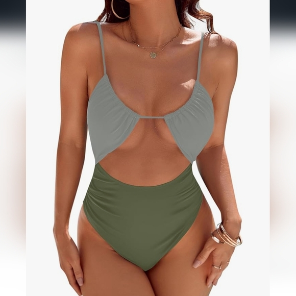 Stylish Olive Green Cutout Swimsuit NWT - Picture 1 of 16